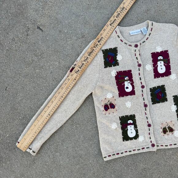 VTG Petite Rustic Cabincore Snowman Patchwork Christmas Cardigan Sweater MEDIUM - Picture 8 of 8